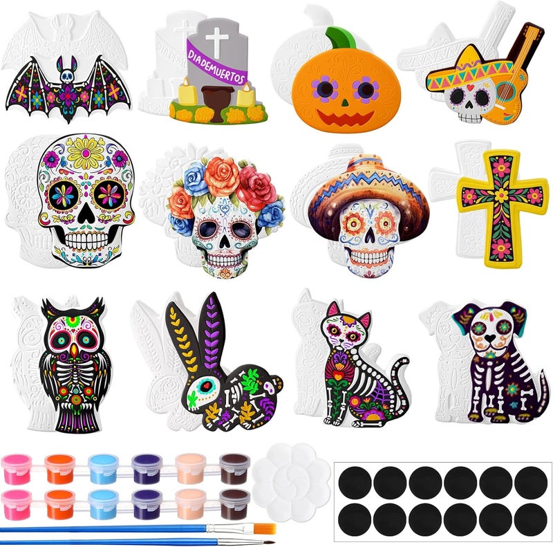 Perthlin 12 Pcs Ceramics to Paint Thanksgiving Fall Painting Crafts Halloween Day of The Dead DIY Crafts with Pastel Brush Palette Magnet for Party Decor Gifts Supplies(Day of The Dead) - Image 1
